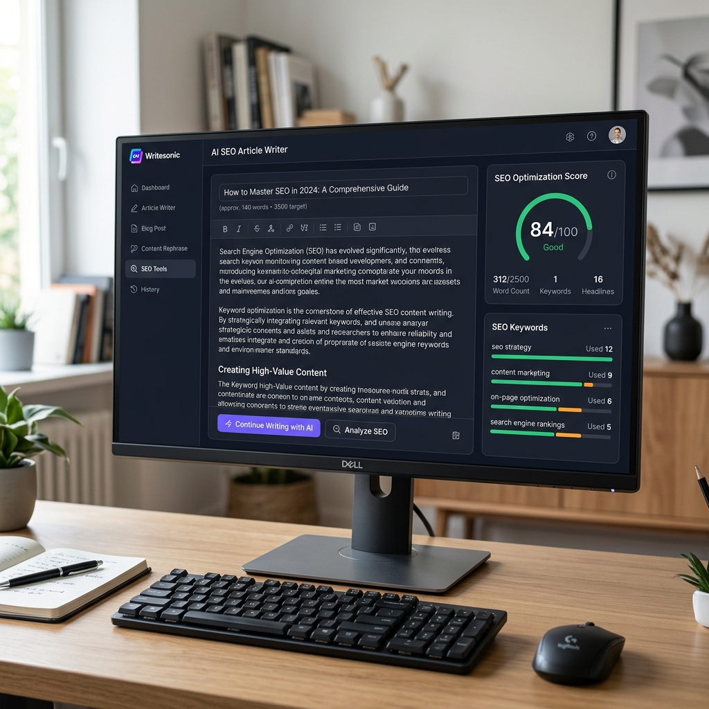The Writesonic interface displaying an AI-generated article alongside a smart SEO optimization scoring panel highlighting keywords